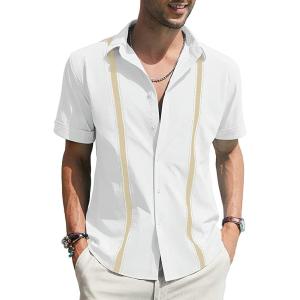 imageCHARTOU Mens Casual Cotton Linen Cuban Striped Button Down Guayabera ShirtWhite