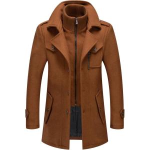 imageCHARTOU Mens Thermal Single Breasted Wool Blend Coat Business Peacoat with Detachable ZipperCaramel