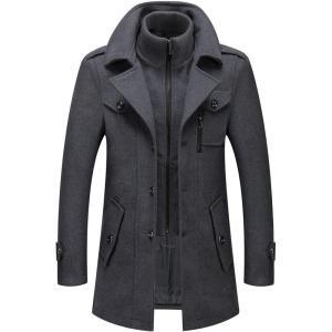 imageCHARTOU Mens Thermal Single Breasted Wool Blend Coat Business Peacoat with Detachable ZipperGrey