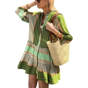 imageCHARTOU Summer Casual Short Dress for Women 34 Sleeve Green Floral Boho Tunic Shirt DressGreen