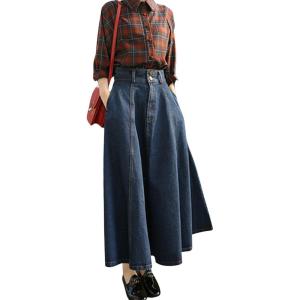 imageCHARTOU Vintage Long Jean Skirt for Women Denim A Line Skirt Ruffle High Waist Flared Pleated Jean SkirtDark Blue
