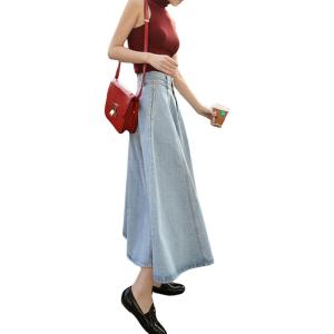 imageCHARTOU Vintage Long Jean Skirt for Women Denim A Line Skirt Ruffle High Waist Flared Pleated Jean SkirtLight Blue