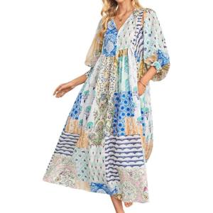 imageCHARTOU Women Boho Floral Printed Long Dress Summer Lantern Half Sleeve Beach Flowy Loose Swing SundressBlue