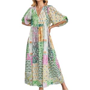 imageCHARTOU Women Boho Floral Printed Long Dress Summer Lantern Half Sleeve Beach Flowy Loose Swing SundressDark Green