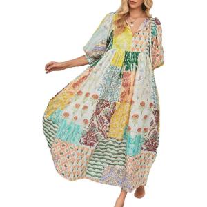 imageCHARTOU Women Boho Floral Printed Long Dress Summer Lantern Half Sleeve Beach Flowy Loose Swing SundressGreen