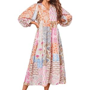 imageCHARTOU Women Boho Floral Printed Long Dress Summer Lantern Half Sleeve Beach Flowy Loose Swing SundressPink