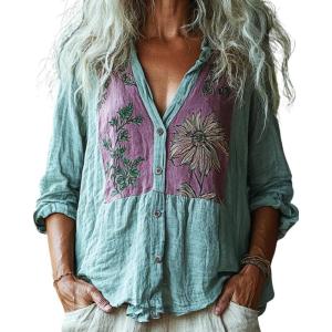 imageCHARTOU Women Boho Floral Shirts V Neck Long Sleeve Button Down Casual Loose TopDark Blue