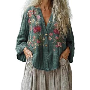 imageCHARTOU Women Boho Floral Shirts V Neck Long Sleeve Button Down Casual Loose TopDark Green