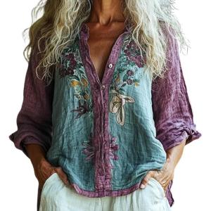imageCHARTOU Women Boho Floral Shirts V Neck Long Sleeve Button Down Casual Loose TopDark Purple