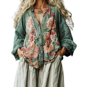 imageCHARTOU Women Boho Floral Shirts V Neck Long Sleeve Button Down Casual Loose TopGreen