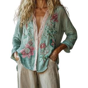 imageCHARTOU Women Boho Floral Shirts V Neck Long Sleeve Button Down Casual Loose TopLight Green
