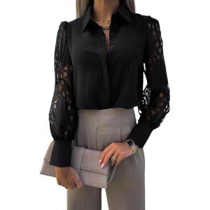 imageCHARTOU Women Business Blouse Hollow Out Eyelet Lace Embroidery Sleeve Patchwork Dressy Shirt TopsBlack