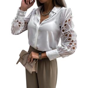 imageCHARTOU Women Business Blouse Hollow Out Eyelet Lace Embroidery Sleeve Patchwork Dressy Shirt TopsWhite