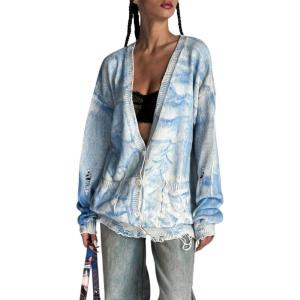 imageCHARTOU Women Cardigan Sweater Oversized TieDyed Distressed Open Front Cardigan Knit Y2k Tops Street WearBlue