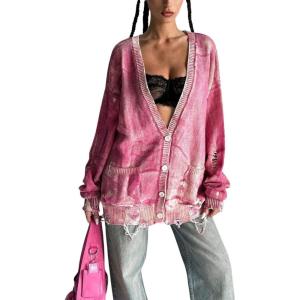 imageCHARTOU Women Cardigan Sweater Oversized TieDyed Distressed Open Front Cardigan Knit Y2k Tops Street WearPink