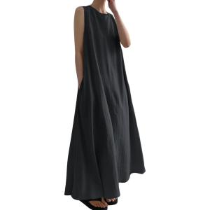imageCHARTOU Women Casual Cotton Linen Sleeveless Maxi Dress Ruffle Shift Dress Flowy Beach Summer Long Tank DressBlack