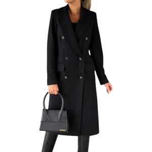 imageCHARTOU Women Casual Double Breasted Mid Long Pea Coat Winter Notched Lapel Wool Coat Jacket OvercoatBlack