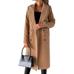 imageCHARTOU Women Casual Double Breasted Mid Long Pea Coat Winter Notched Lapel Wool Coat Jacket OvercoatKhaki