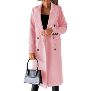 imageCHARTOU Women Casual Double Breasted Mid Long Pea Coat Winter Notched Lapel Wool Coat Jacket OvercoatPink