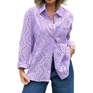 imageCHARTOU Women Casual Eyelet Lace Blouse Shirt Crochet Top Embroidery Hollow Out Long Sleeve Button Down Shirt BlousePurple