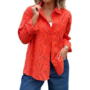 imageCHARTOU Women Casual Eyelet Lace Blouse Shirt Crochet Top Embroidery Hollow Out Long Sleeve Button Down Shirt BlouseRed