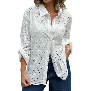 imageCHARTOU Women Casual Eyelet Lace Blouse Shirt Crochet Top Embroidery Hollow Out Long Sleeve Button Down Shirt BlouseWhite