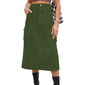 imageCHARTOU Women Casual High Waisted Denim Skirt Midi Jean Skirt Elastic Back A Line Skirt with PocketsArmygreen