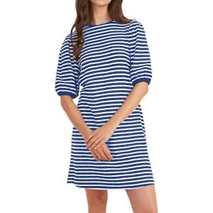 imageCHARTOU Women Casual Stripe T Shirt Dress Summer Puff Half Sleeve Tunic Shirt DressBlue