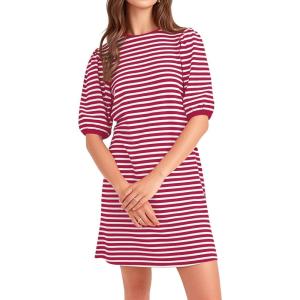 imageCHARTOU Women Casual Stripe T Shirt Dress Summer Puff Half Sleeve Tunic Shirt DressRed