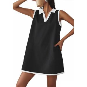 imageCHARTOU Women Causal Loose Fit Tennis Golf Mini Dress Summer Sleeveless Tunic Shirt Dress with PocketsBlack