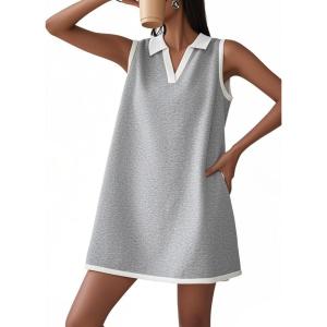 imageCHARTOU Women Causal Loose Fit Tennis Golf Mini Dress Summer Sleeveless Tunic Shirt Dress with PocketsGrey