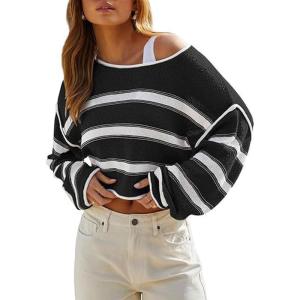 imageCHARTOU Women Color Block Stripe Sweater Lightweight Fall Outfits Loose Crop Pullover SweaterBlack