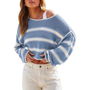 imageCHARTOU Women Color Block Stripe Sweater Lightweight Fall Outfits Loose Crop Pullover SweaterBlue