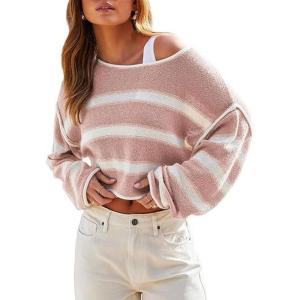 imageCHARTOU Women Color Block Stripe Sweater Lightweight Fall Outfits Loose Crop Pullover SweaterPink