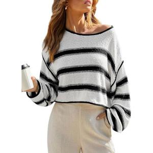 imageCHARTOU Women Color Block Stripe Sweater Lightweight Fall Outfits Loose Crop Pullover SweaterWhite