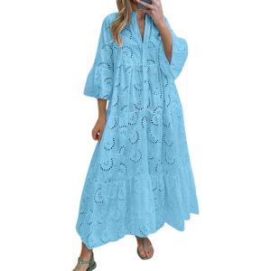 imageCHARTOU Women Cotton Eyelet Maxi Dress Embroidered Flowy Dress Boho Lace Shirt Dress Summer Tiered Swing A Line DressBlue