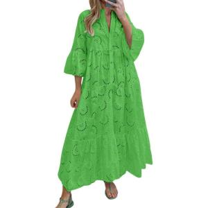 imageCHARTOU Women Cotton Eyelet Maxi Dress Embroidered Flowy Dress Boho Lace Shirt Dress Summer Tiered Swing A Line DressGreen