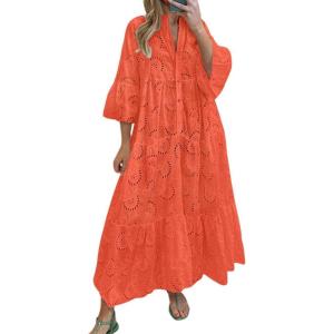 imageCHARTOU Women Cotton Eyelet Maxi Dress Embroidered Flowy Dress Boho Lace Shirt Dress Summer Tiered Swing A Line DressOrange