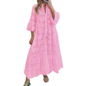 imageCHARTOU Women Cotton Eyelet Maxi Dress Embroidered Flowy Dress Boho Lace Shirt Dress Summer Tiered Swing A Line DressPink