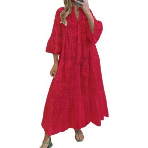 imageCHARTOU Women Cotton Eyelet Maxi Dress Embroidered Flowy Dress Boho Lace Shirt Dress Summer Tiered Swing A Line DressRed