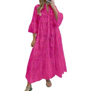 imageCHARTOU Women Cotton Eyelet Maxi Dress Embroidered Flowy Dress Boho Lace Shirt Dress Summer Tiered Swing A Line DressRosy
