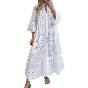 imageCHARTOU Women Cotton Eyelet Maxi Dress Embroidered Flowy Dress Boho Lace Shirt Dress Summer Tiered Swing A Line DressWhite