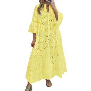 imageCHARTOU Women Cotton Eyelet Maxi Dress Embroidered Flowy Dress Boho Lace Shirt Dress Summer Tiered Swing A Line DressYellow