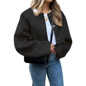 imageCHARTOU Women Cropped Wool Blend Pea Coat Short Jacket Peacoat Long Sleeve Button Down Crop JacketBlack