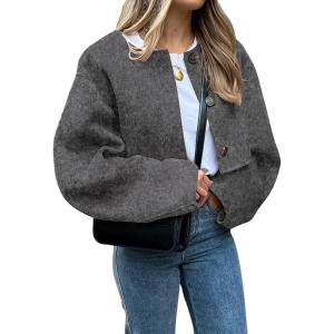 imageCHARTOU Women Cropped Wool Blend Pea Coat Short Jacket Peacoat Long Sleeve Button Down Crop JacketGrey