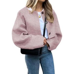 imageCHARTOU Women Cropped Wool Blend Pea Coat Short Jacket Peacoat Long Sleeve Button Down Crop JacketPink