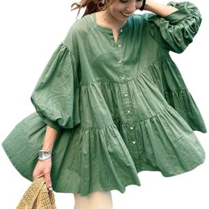 imageCHARTOU Women Elegant 34 Sleeve Ruffle Shirts Botton Down Babydoll Blouse Loose Flowy Tunic Lightweight TopArmy Green
