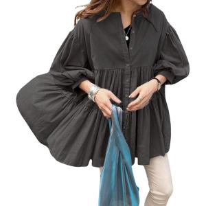 imageCHARTOU Women Elegant 34 Sleeve Ruffle Shirts Botton Down Babydoll Blouse Loose Flowy Tunic Lightweight TopBlack