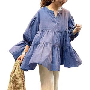 imageCHARTOU Women Elegant 34 Sleeve Ruffle Shirts Botton Down Babydoll Blouse Loose Flowy Tunic Lightweight TopBlue