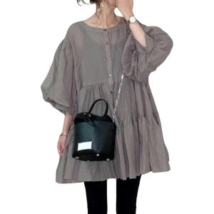 imageCHARTOU Women Elegant 34 Sleeve Ruffle Shirts Botton Down Babydoll Blouse Loose Flowy Tunic Lightweight TopGrey